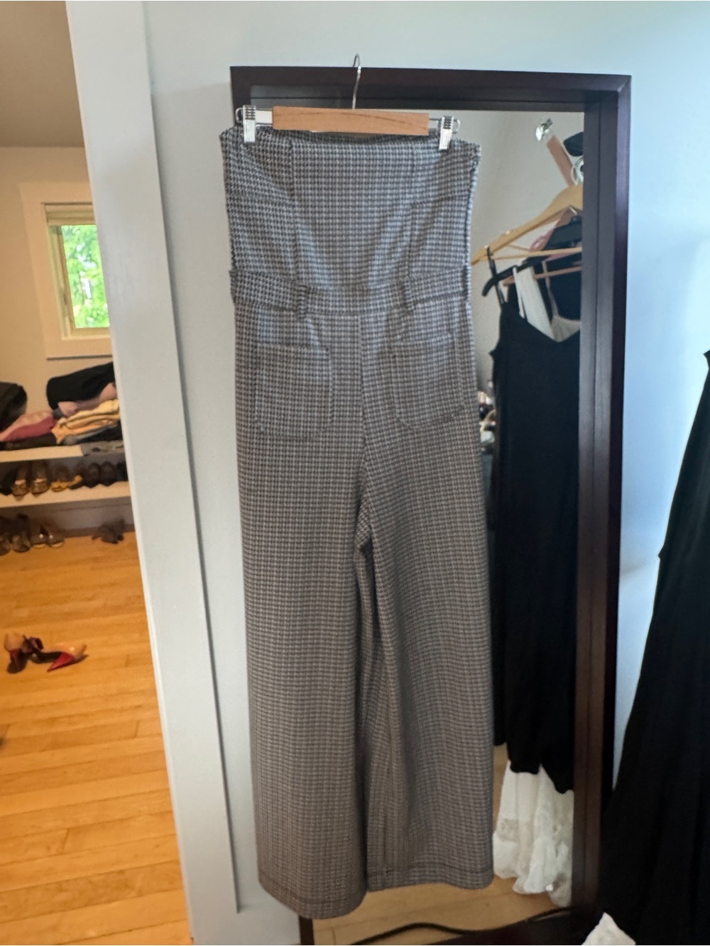 Anthropologie Gray Plaid Strapless Wide-Leg Jumpsuit